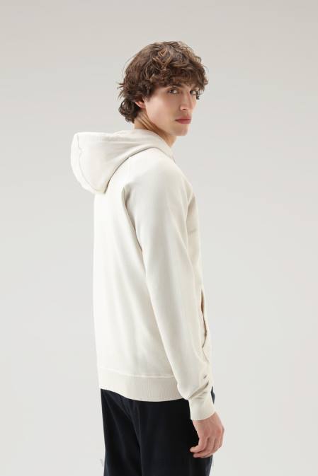 Woolrich Men Varsity Hoodie in Garment-Dyed Pure Cotton Fleece Milky Cream Clothing J026494