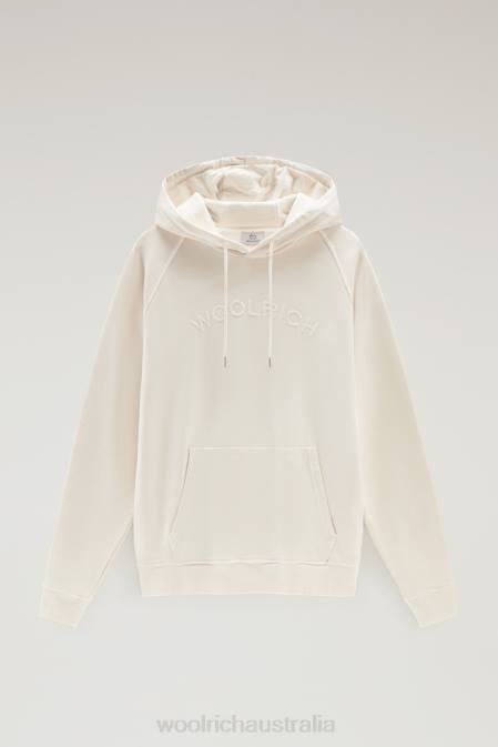 Woolrich Men Varsity Hoodie in Garment-Dyed Pure Cotton Fleece Milky Cream Clothing J026494