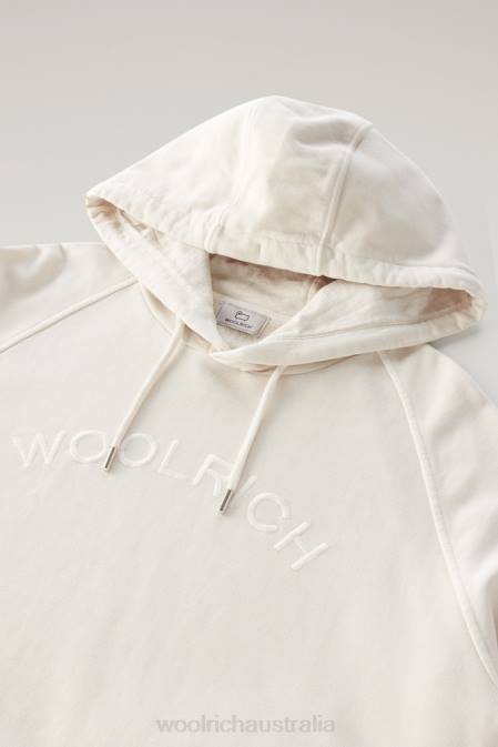 Woolrich Men Varsity Hoodie in Garment-Dyed Pure Cotton Fleece Milky Cream Clothing J026494