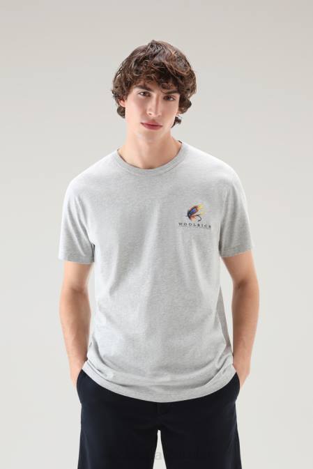 Woolrich Men Lakeside T-shirt in Pure Cotton Jersey with Back Print Light Grey Melange Clothing J026388