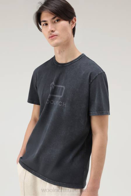 Woolrich Men T-shirt in Garment-Dyed Pure Cotton with Sheep Logo Black Clothing J026377