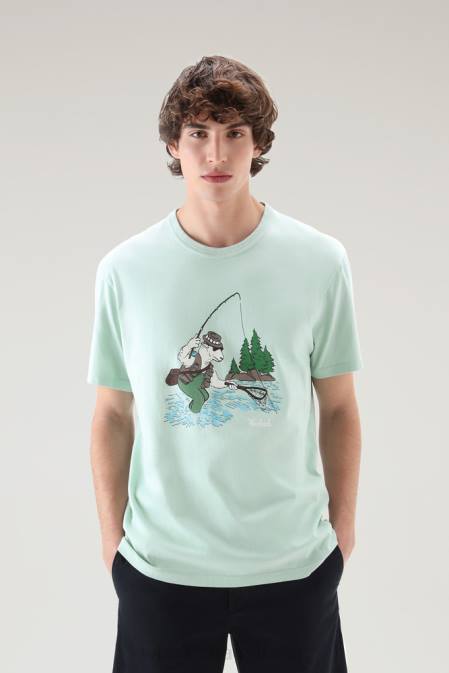 Woolrich Men T-shirt in Pure Cotton with Animated Sheep Logo Harbor Green Clothing J026542