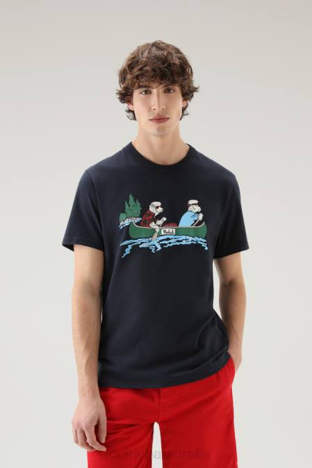 Woolrich Men T-shirt in Pure Cotton with Animated Sheep Logo Melton Blue Clothing J026417