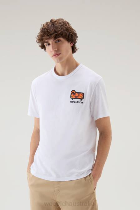 Woolrich Men T-shirt in Pure Cotton with Camouflage Sheep Logo Bright White Clothing J026429