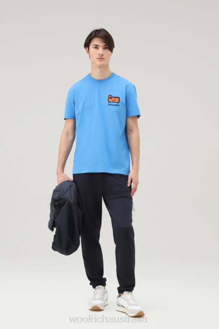 Woolrich Men T-shirt in Pure Cotton with Camouflage Sheep Logo Campanula Blue Clothing J026617