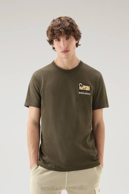 Woolrich Men T-shirt in Pure Cotton with Camouflage Sheep Logo Dark Green Clothing J026383