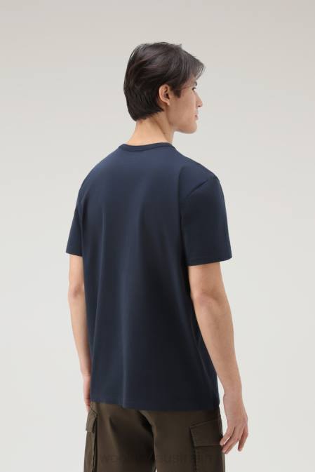 Woolrich Men T-shirt in Pure Cotton with Camouflage Sheep Logo Melton Blue Clothing J026563