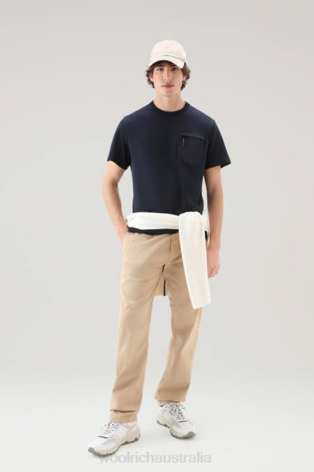 Woolrich Men T-shirt in Pure Organic Cotton with Taslan Nylon Zip Pocket Melton Blue Clothing J026632