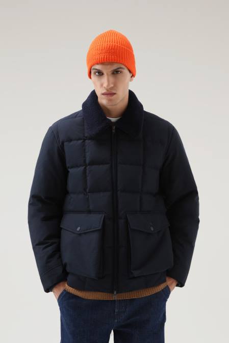 Woolrich Men Blizzard Duster Quilted Jacket in Eco Ramar Melton Blue Clothing J026738