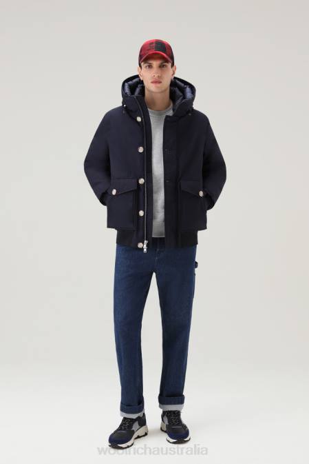 Woolrich Men Byrd Down Short Hooded Jacket Melton Blue Clothing J026780