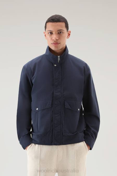 Woolrich Men Garment-Dyed Crew Bomber Jacket in Pure Cotton Melton Blue Clothing J026497