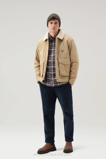 Woolrich Men Ripstop Trucker Jacket with Sherpa Wool Lining Gold Khaki Clothing J026680