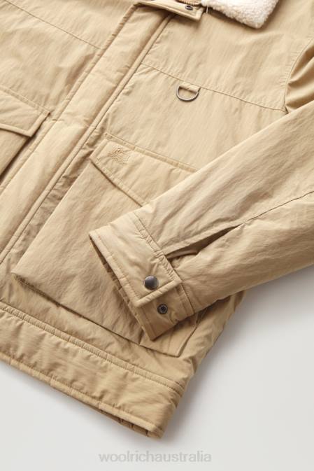 Woolrich Men Ripstop Trucker Jacket with Sherpa Wool Lining Gold Khaki Clothing J026680