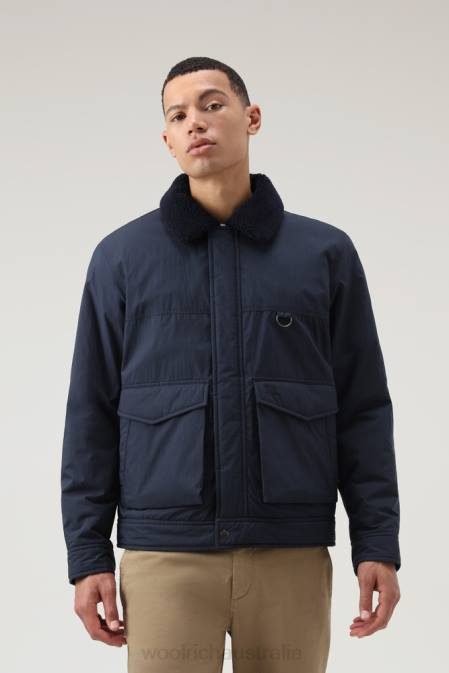 Woolrich Men Ripstop Trucker Jacket with Sherpa Wool Lining Melton Blue Clothing J026649