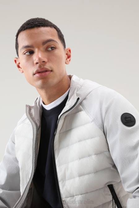 Woolrich Men Hybrid Jacket in Crinkle Nylon with quilted front and Hood Lunar Rock Clothing J026501