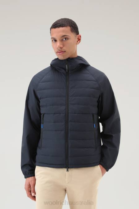Woolrich Men Hybrid Jacket in Crinkle Nylon with quilted front and Hood Melton Blue Clothing J026499