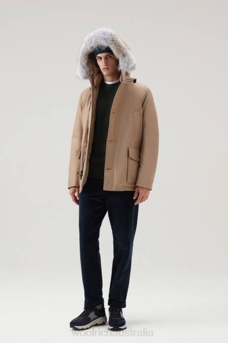 Woolrich Men Arctic Anorak in Ramar Cloth with Detachable Fur Gold Khaki Clothing J026837