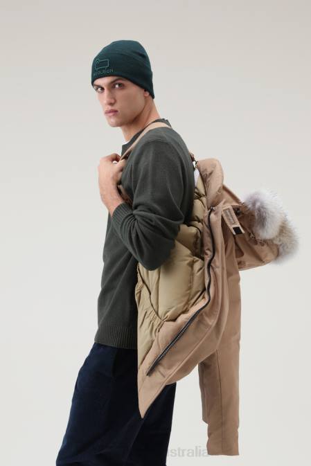 Woolrich Men Arctic Anorak in Ramar Cloth with Detachable Fur Gold Khaki Clothing J026837