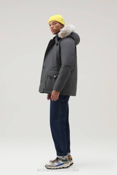 Woolrich Men Arctic Anorak in Ramar Cloth with Detachable Fur Grey Shadow Clothing J026850
