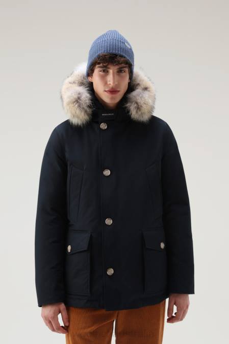 Woolrich Men Arctic Anorak in Ramar Cloth with Detachable Fur Melton Blue Clothing J026860