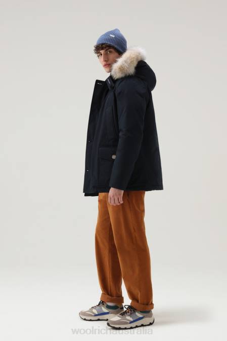 Woolrich Men Arctic Anorak in Ramar Cloth with Detachable Fur Melton Blue Clothing J026860