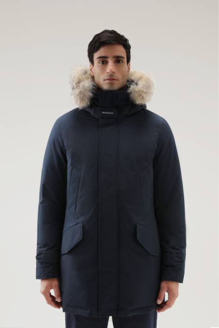Woolrich Men Polar Parka in Ramar Cloth with High Collar and Fur Trim Melton Blue Clothing J026854