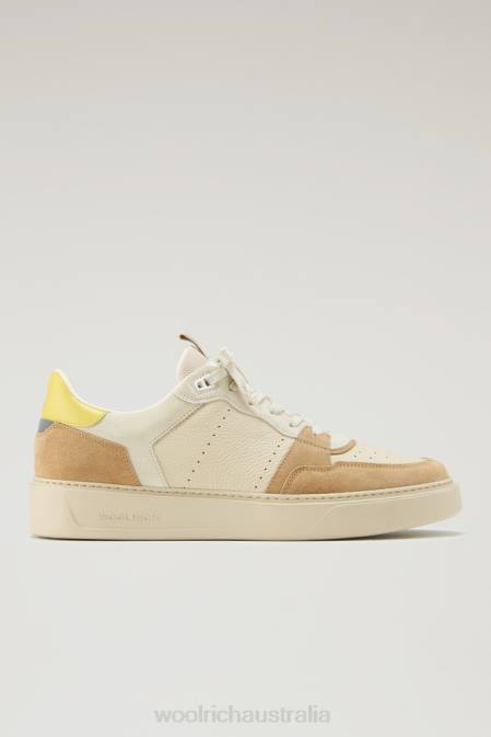 Woolrich Men Classic Basket Sneakers in Soft Leather and Suede Nude Yellow Footwear J026623