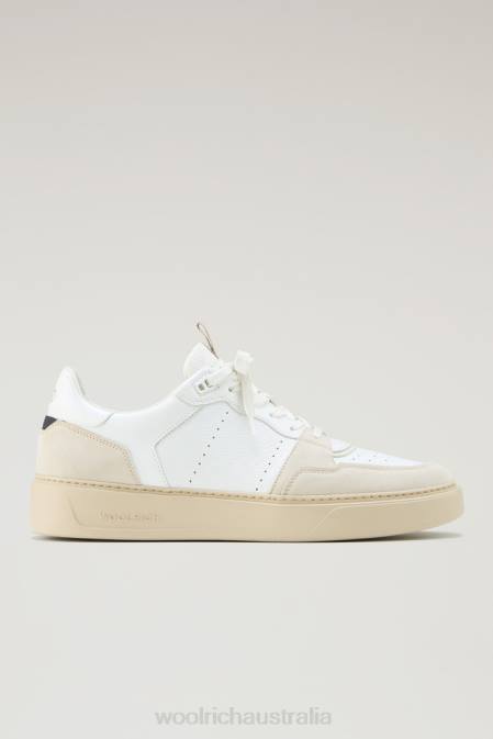 Woolrich Men Classic Basket Sneakers in Soft Leather and Suede with Contrast Details Beige White Footwear J026596