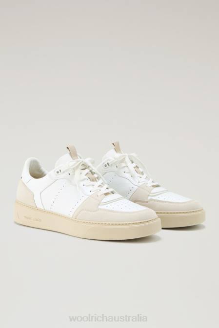 Woolrich Men Classic Basket Sneakers in Soft Leather and Suede with Contrast Details Beige White Footwear J026596