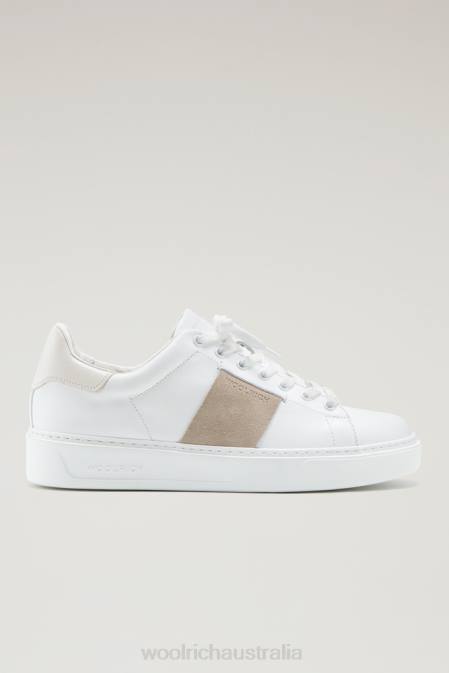 Woolrich Men Classic Court Sneakers in Soft Leather with Contrast Suede Side Band White Cream Footwear J026785