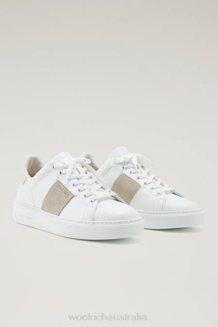 Woolrich Men Classic Court Sneakers in Soft Leather with Contrast Suede Side Band White Cream Footwear J026785