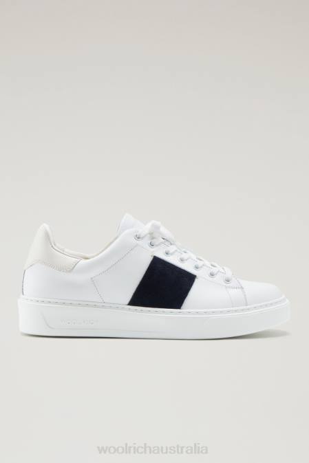 Woolrich Men Classic Court Sneakers in Soft Leather with Contrast Suede Side Band White Indaco Footwear J026784