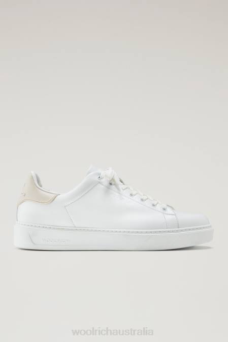 Woolrich Men Leather Classic Court Sneakers with Contrasting Details White Beige Footwear J026561