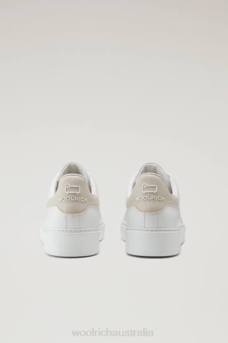 Woolrich Men Leather Classic Court Sneakers with Contrasting Details White Beige Footwear J026561