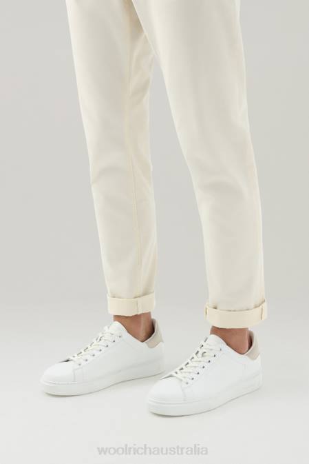 Woolrich Men Leather Classic Court Sneakers with Contrasting Details White Beige Footwear J026561