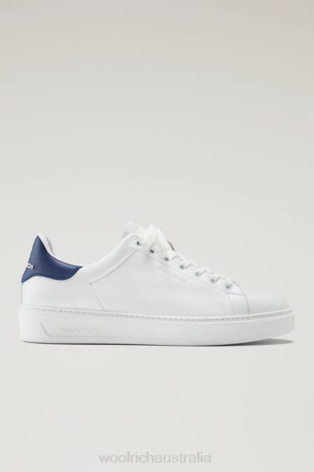 Woolrich Men Leather Classic Court Sneakers with Contrasting Details White Blue Footwear J026378