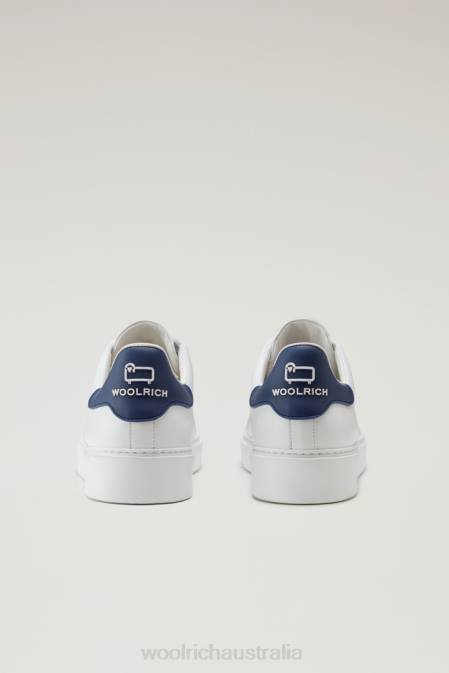 Woolrich Men Leather Classic Court Sneakers with Contrasting Details White Blue Footwear J026378