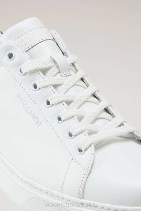 Woolrich Men Leather Classic Court Sneakers with Contrasting Details White Blue Footwear J026378