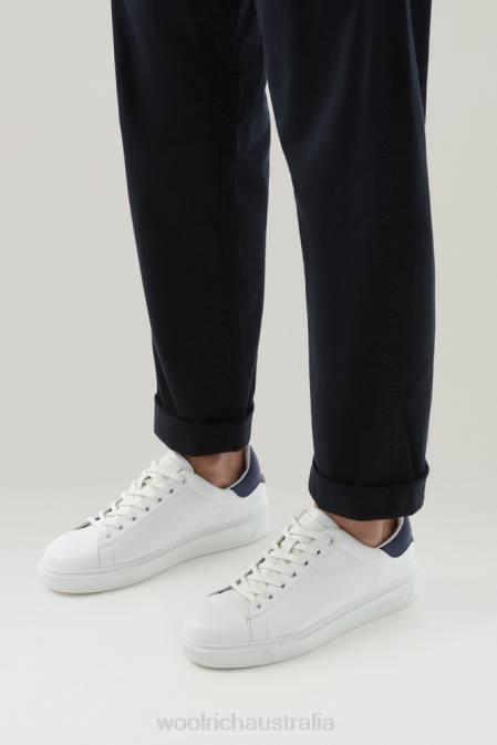 Woolrich Men Leather Classic Court Sneakers with Contrasting Details White Blue Footwear J026378