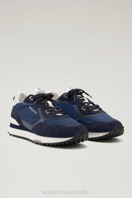 Woolrich Men Retro Sneakers in Leather with Nylon Details Blue Blue Footwear J026634