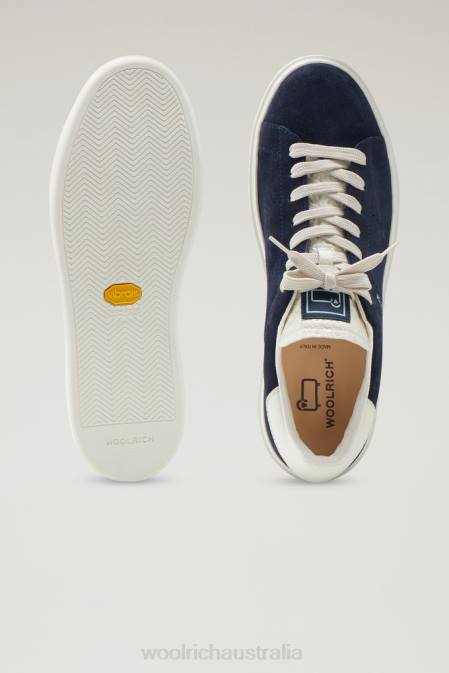 Woolrich Men Suede Classic Court Sneakers with Contrast Details Blu Whipped Cream Footwear J026584