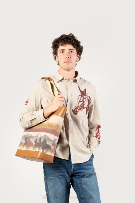 Woolrich Unisex Tote Bag in Pure Cotton with Leather Handles-One Of These Days Stripe Sand Accessories J026156