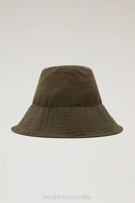 Woolrich Women Rain Bucket Hat in Soft Eco Ramar with Drawcord Dark Green Accessories J026152
