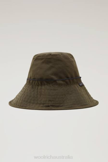 Woolrich Women Rain Bucket Hat in Soft Eco Ramar with Drawcord Dark Green Accessories J026152