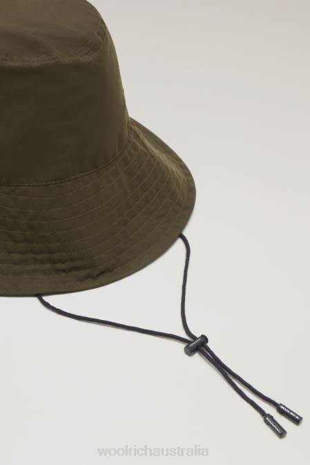 Woolrich Women Rain Bucket Hat in Soft Eco Ramar with Drawcord Dark Green Accessories J026152