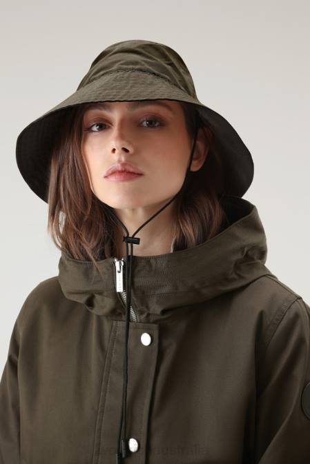 Woolrich Women Rain Bucket Hat in Soft Eco Ramar with Drawcord Dark Green Accessories J026152