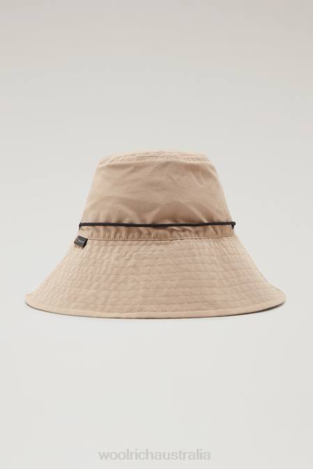 Woolrich Women Rain Bucket Hat in Soft Eco Ramar with Drawcord Feather Beige Accessories J026151