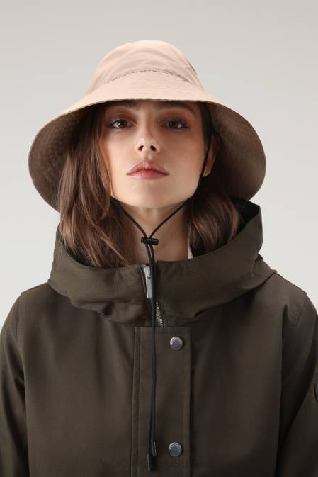 Woolrich Women Rain Bucket Hat in Soft Eco Ramar with Drawcord Feather Beige Accessories J026151