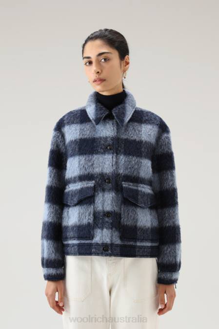 Woolrich Women Brushed Blended Wool Overshirt with Fringe Blue Buffalo Clothing J026253