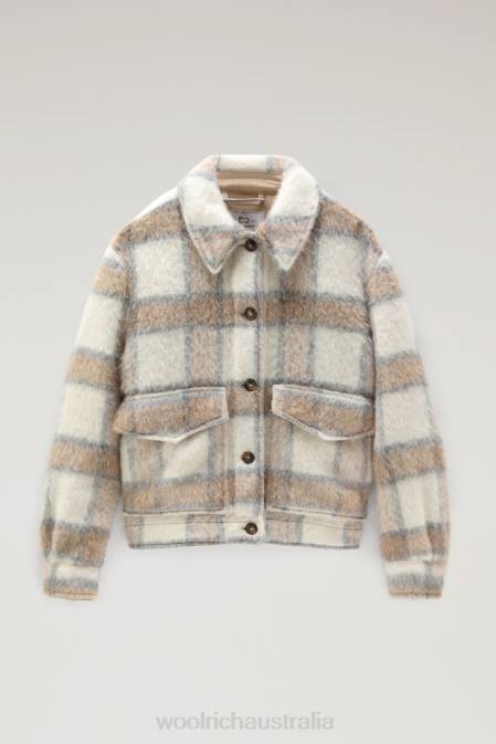Woolrich Women Brushed Blended Wool Overshirt with Fringe Cream Check Clothing J026232